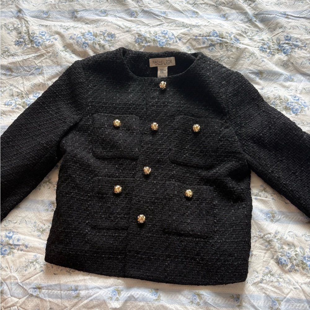 Rachel Zoe Black Textured slightly cropped Tweed Jacket with Gold Buttons